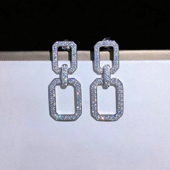 NEW Silver Double Square Round Diamond Earrings - Picture 5 of 9